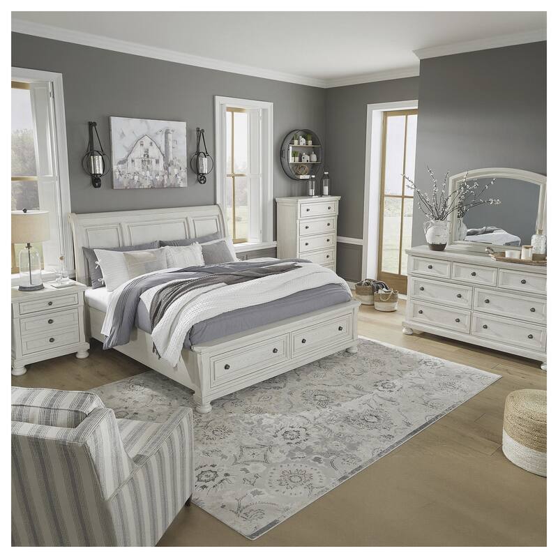 Signature Design by Ashley Robbinsdale Antique White Sleigh Bed with Storage