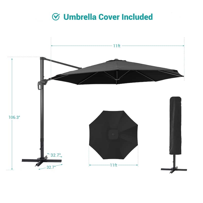 BONOSUKI 11FT LED Cantilever Patio Umbrella 360 Rotation w/Cross Base