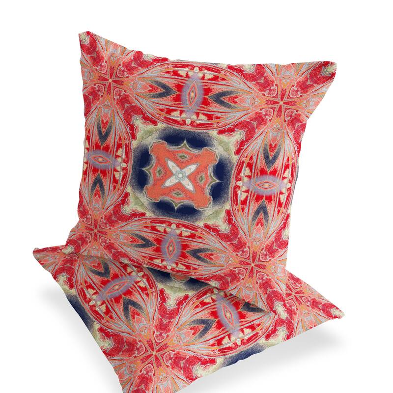 HomeRoots Set of Two 16" X 16" Green and Red Blown Seam Floral Indoor Outdoor Throw Pillow - 16.00' X '16.00' X '5.00