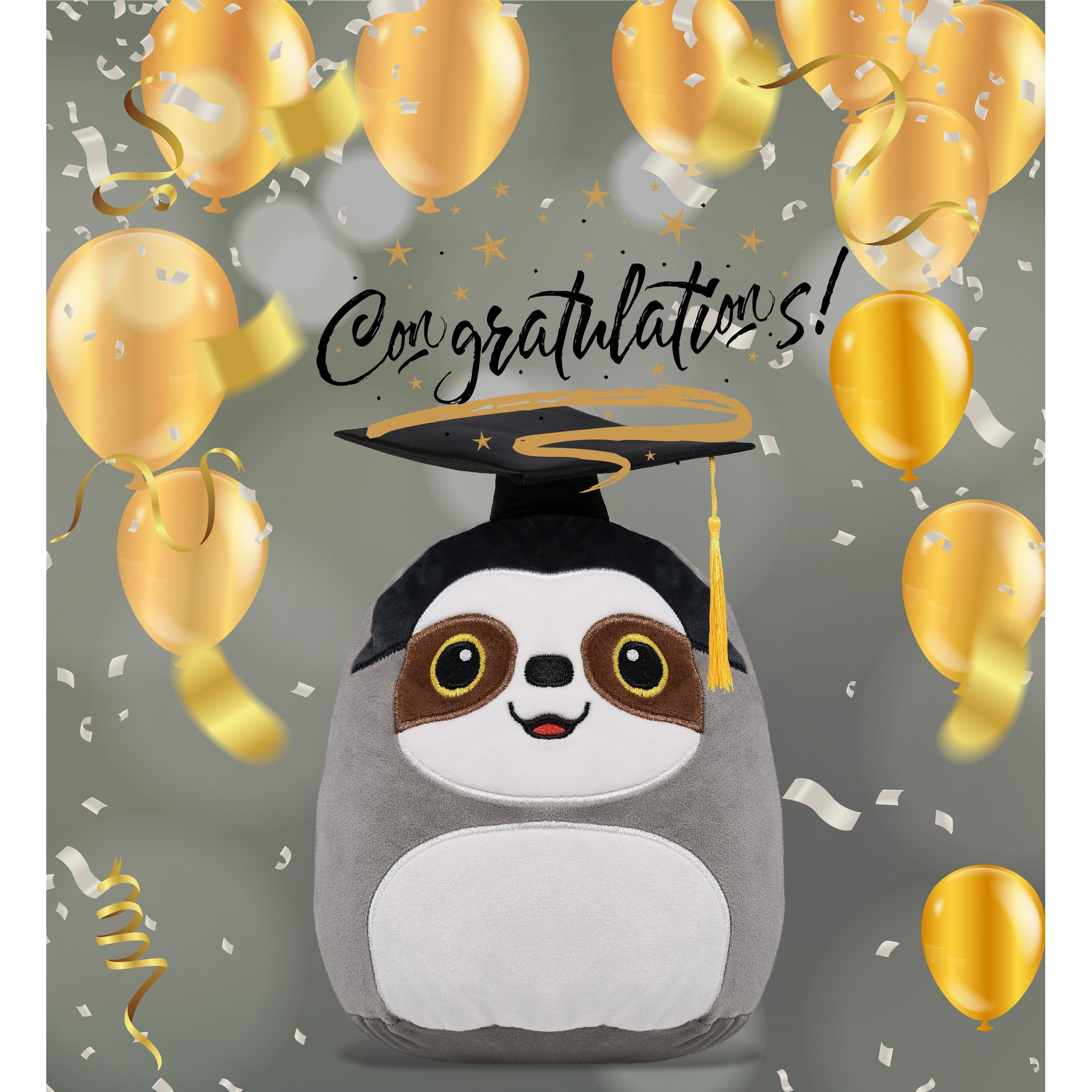 DolliBu Snug Mooshies Sloth Graduation Plush Toy with Graduation Cap 10 inches Grey White Polyester