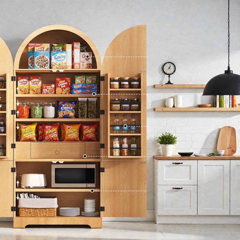 72" Tall Arched Pantry Cabinet with Fluted Doors, 8 Door Shelves, Hidden Drawer and Adjustable Shelves for Kitchen