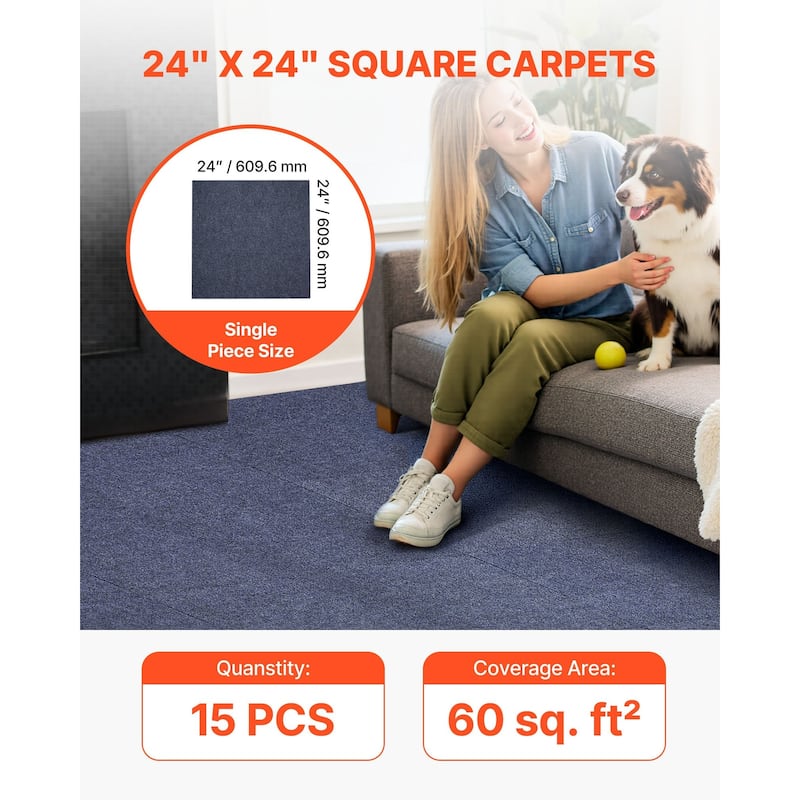 Gray 24x24 Inch Peel and Stick Carpet Tiles Set 60 sq ft Coverage Soft Modular Floor Squares for Home Office