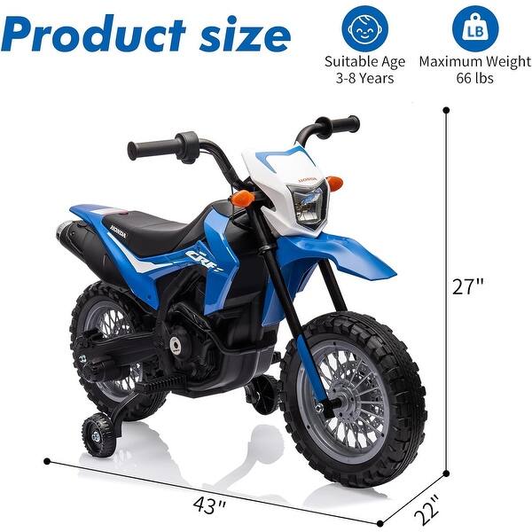 dimension image slide 1 of 3, Licensed Honda 6V Kids Electric Motorcycle, Battery-Powered Ride-On with Detachable Training Wheels for Young Riders