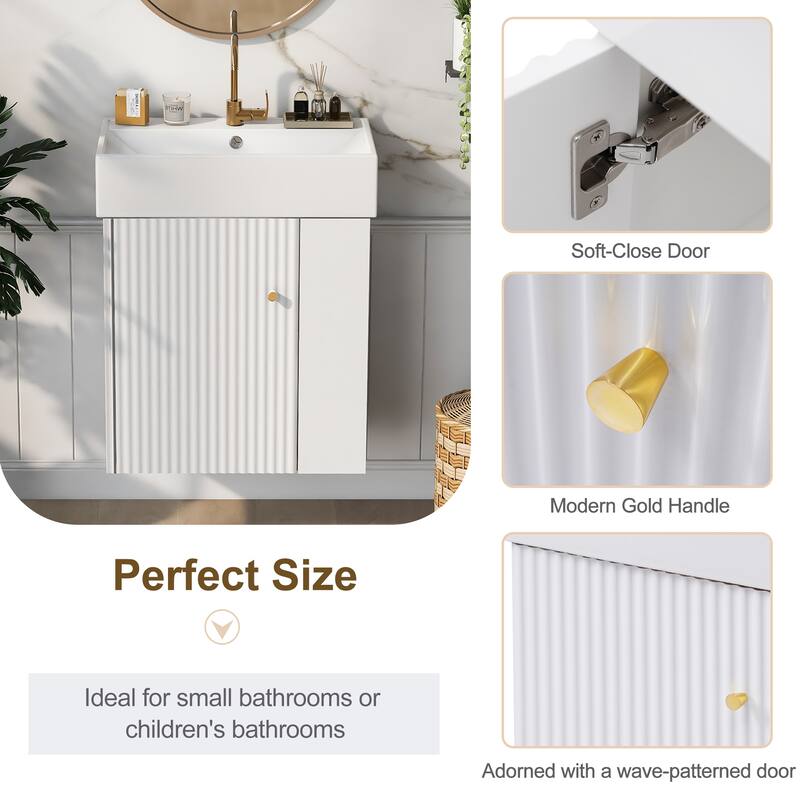 21.6" Modern Floating Bathroom Vanity with Ceramic Basin - Perfect for Small Bathrooms, Right side storage