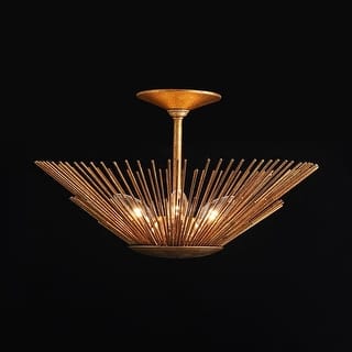 3-Light Vintage Luxe Gold Leaf Sunburst Semi Flush Ceiling Light