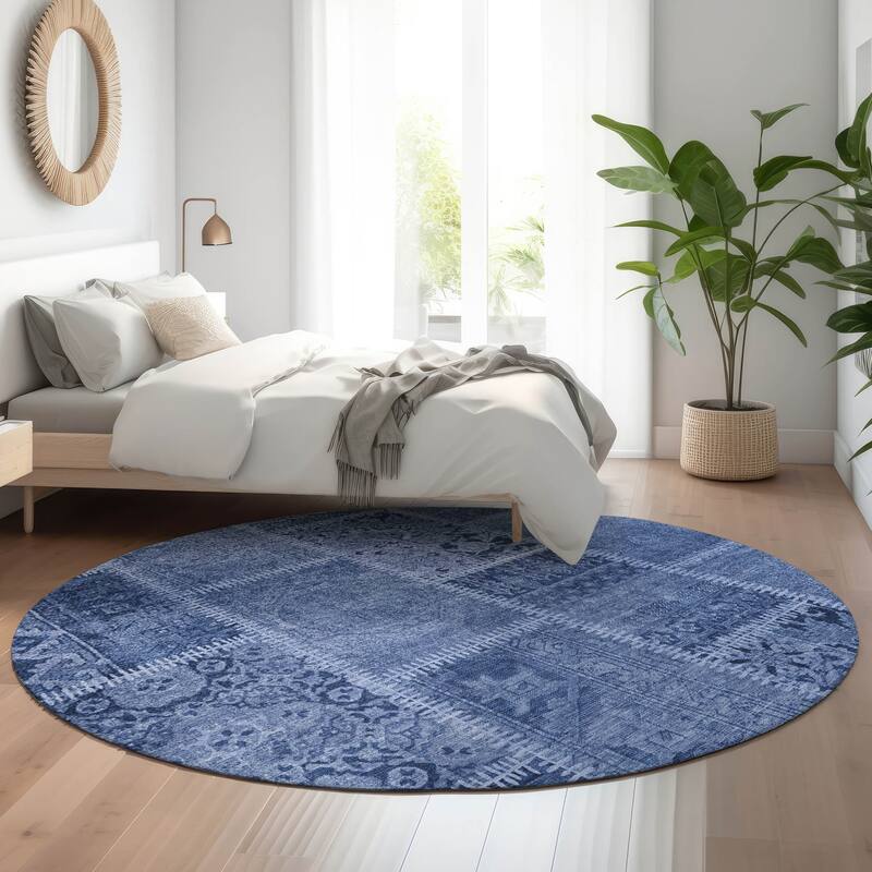 Premium Washable Super Soft Vintage Patchwork Mayfield Rug - Navy - 8' x 8' - Round