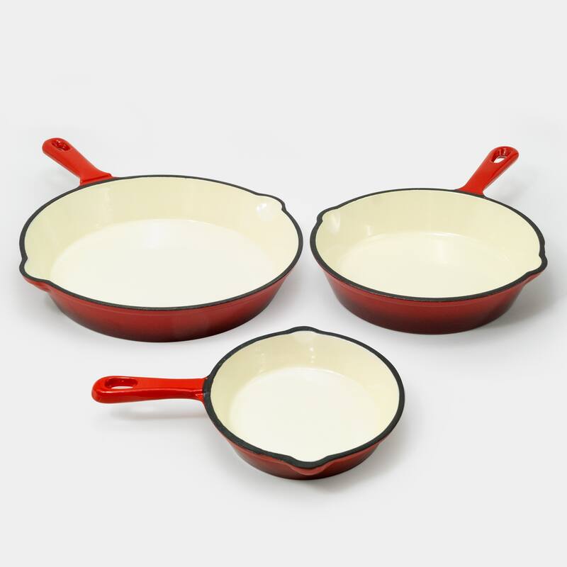CookPro 3 Pc Cast Iron Skillet Set with Red Enamel Coating