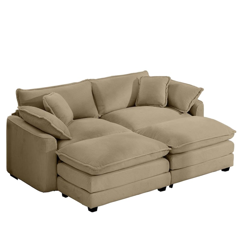 GDFStudio - Fiber Corduroy 2 Seater Sofa with Dual Ottomans Set