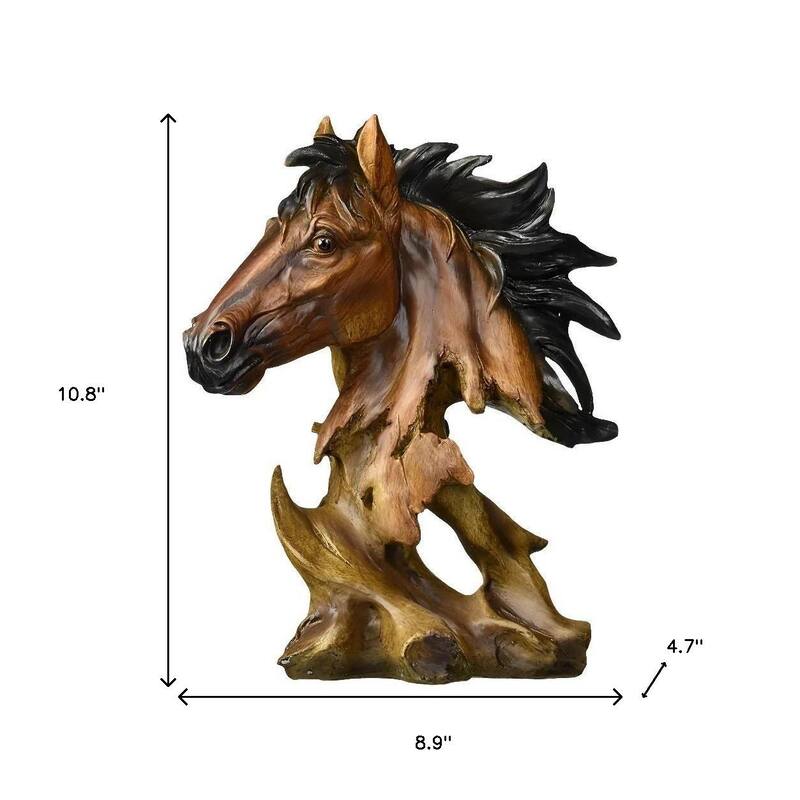HomeRoots 11" Antiqued Bronze And Black Polyresin Horse Tabletop Sculpture - 8.90 in. x 10.80 in. x 4.70 in.