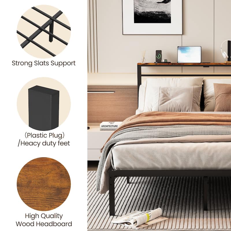Bed Frame with Storage Shelves and Charging Station