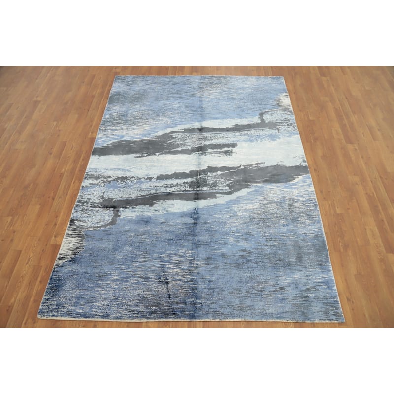 Hand Knotted Oriental Viscose Silk Carpet Modern Pictorial Navy Blue & Blues Abstract Area Rug - 7' 10'' X 5' 8''
