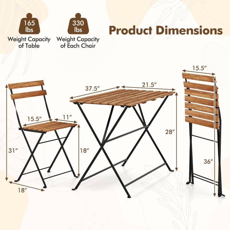 Black and Brown Acacia Wood Folding Patio Dining Set 5 Piece with Metal Frame - Chair: 18” x 15.5” x 31”