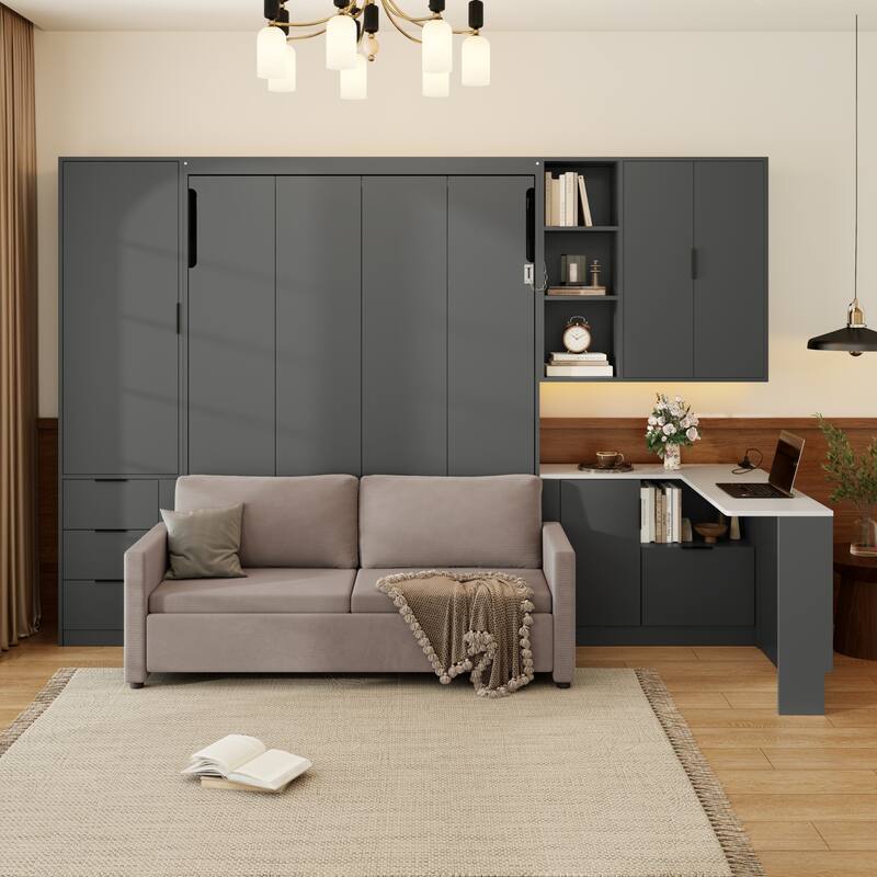 Folding Wall Bed Queen Size Murphy Bed with Sofa and L Shape Desk - Grey - Queen