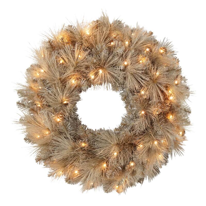 Puleo International 24" Battery-Operated Pre-Lit Tan Wreath with 35 Warm White Lights