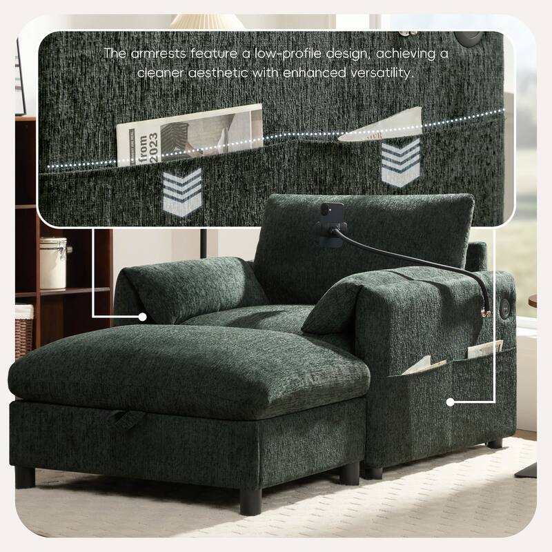 38" Chenille Storage Sofa with Ottoman - Features USB Charger, Phone Holder & Side Pockets for Living Room