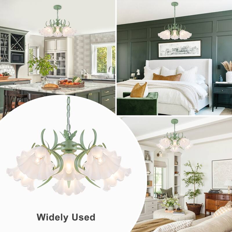 Botanical Green Chandelier with Floral Frosted Glass Shades