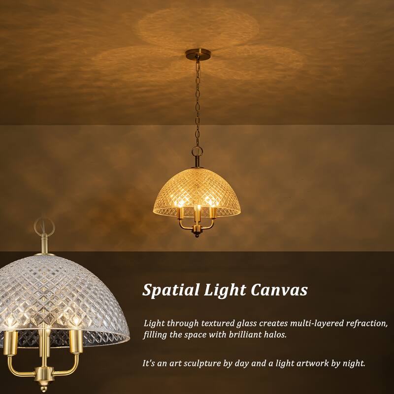 Brushed Gold 3-Light Pendant Light with Half-Dome Grid Shade Dining - Dia.15.75-in