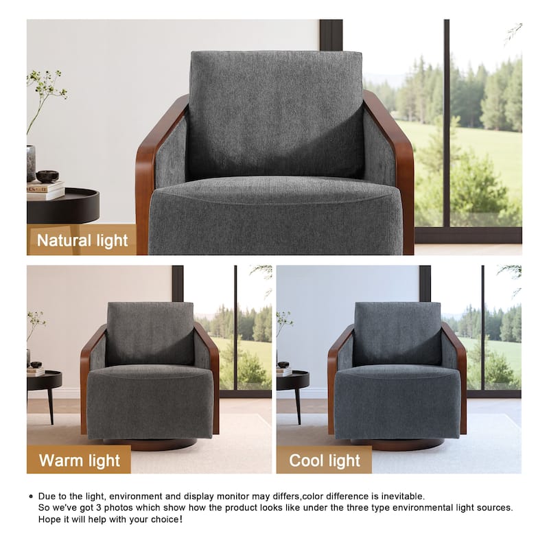 Upholstered Swivel Barrel Chair with Curved Wood Arms