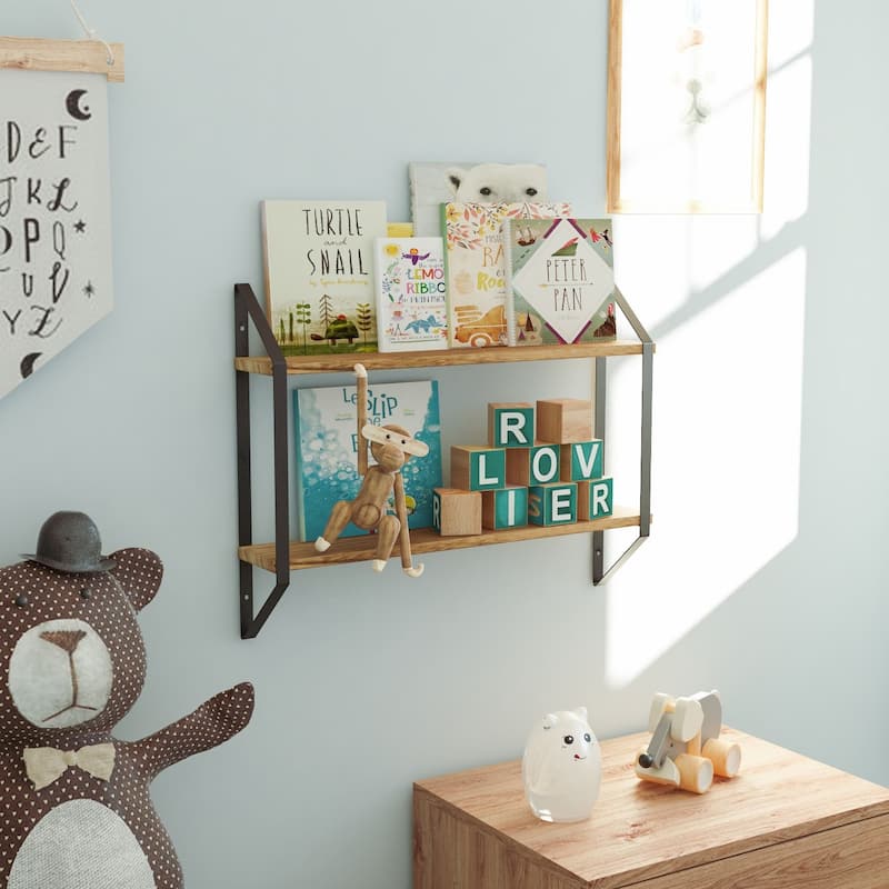 Wallniture Ponza 2-Tier Wood Floating Bookshelf for Bedroom Wall Decor