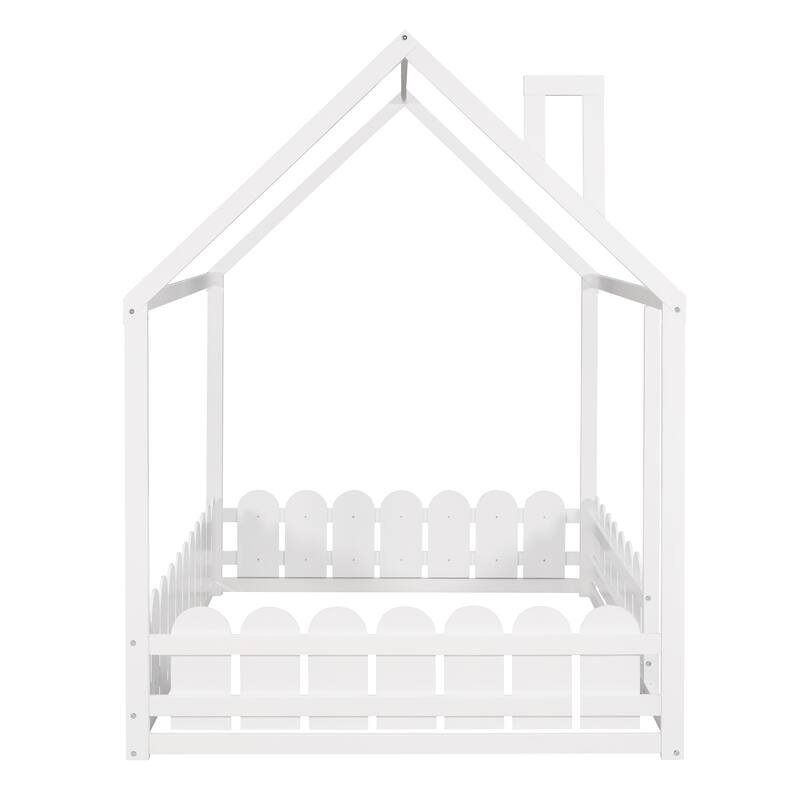 Full House Bed Frame for Kids, Sturdy Pine Wood with Playhouse Design and Fence