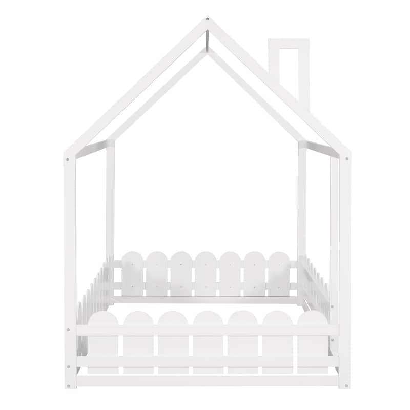 Full Size Wood House Bed Frame with Fence for Kids and Teens, White
