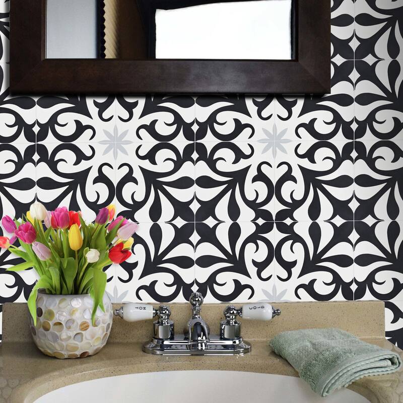Tazarin Handmade Cement Tile, 8x8, Black-White-Grey