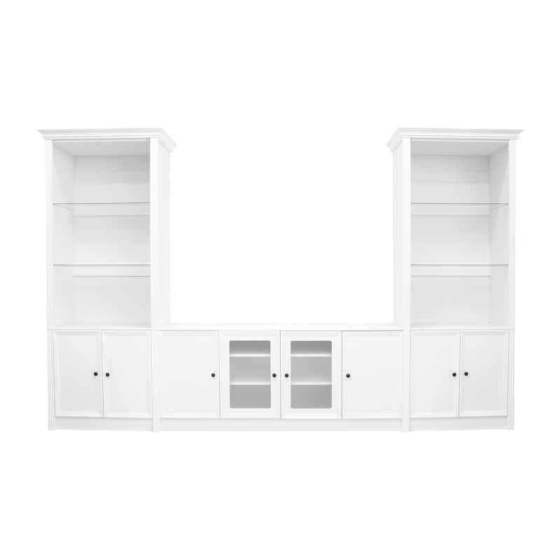 128" Wall Unit Entertainment Center with Bookshelves, Wood Media Console TV Storage Cabinets with Glass Doors for TVs up to 80"