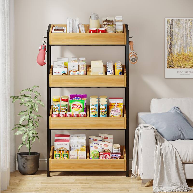 4-Tier Wood Fruit Vegetable Storage Rack Stand Stackable Fruit Basket Organizer Rack for Kitchen
