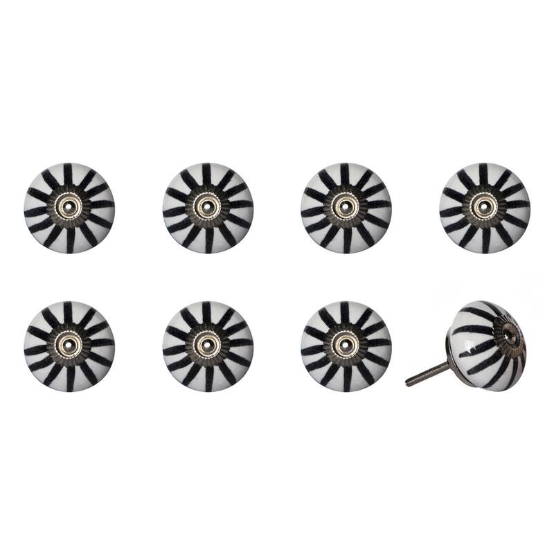 Set of 8 Hand-Painted Black & White Botanical Ceramic Cabinet Knobs Traditional Round Drawer Pulls with Metal Base