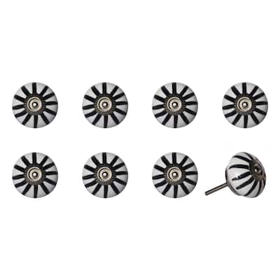 Set of 8 Hand-Painted Black & White Botanical Ceramic Cabinet Knobs Traditional Round Drawer Pulls with Metal Base