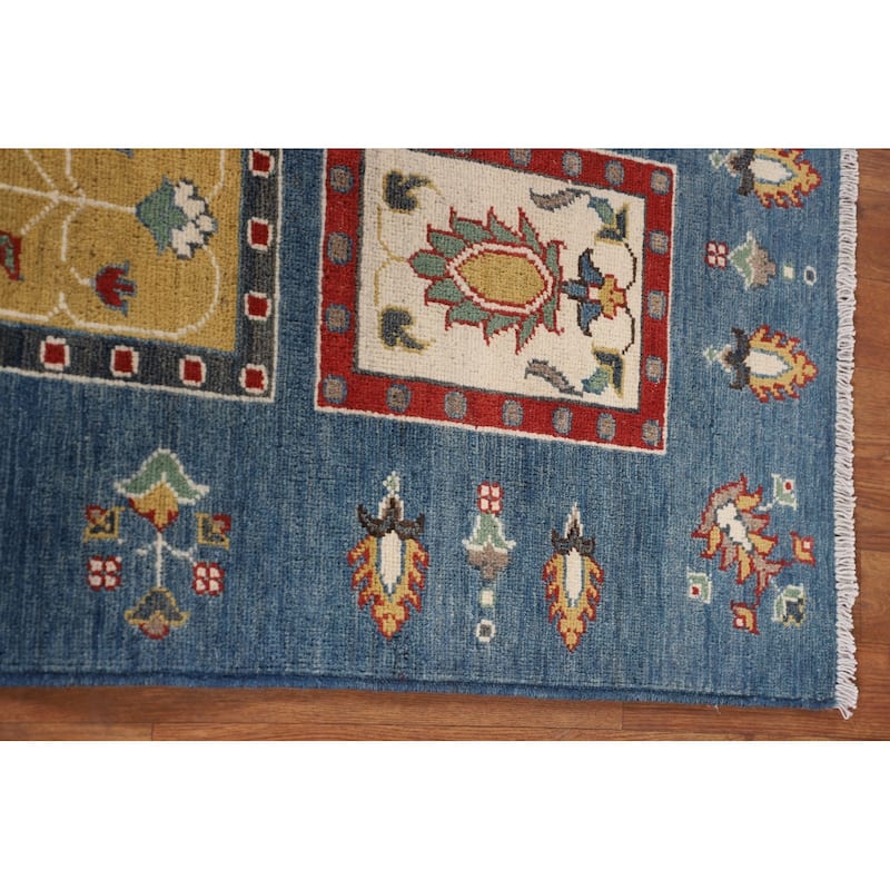 Blue Geometric Kazak Area Rug Hand-Knotted Wool Carpet - 4'2" x 5'11"