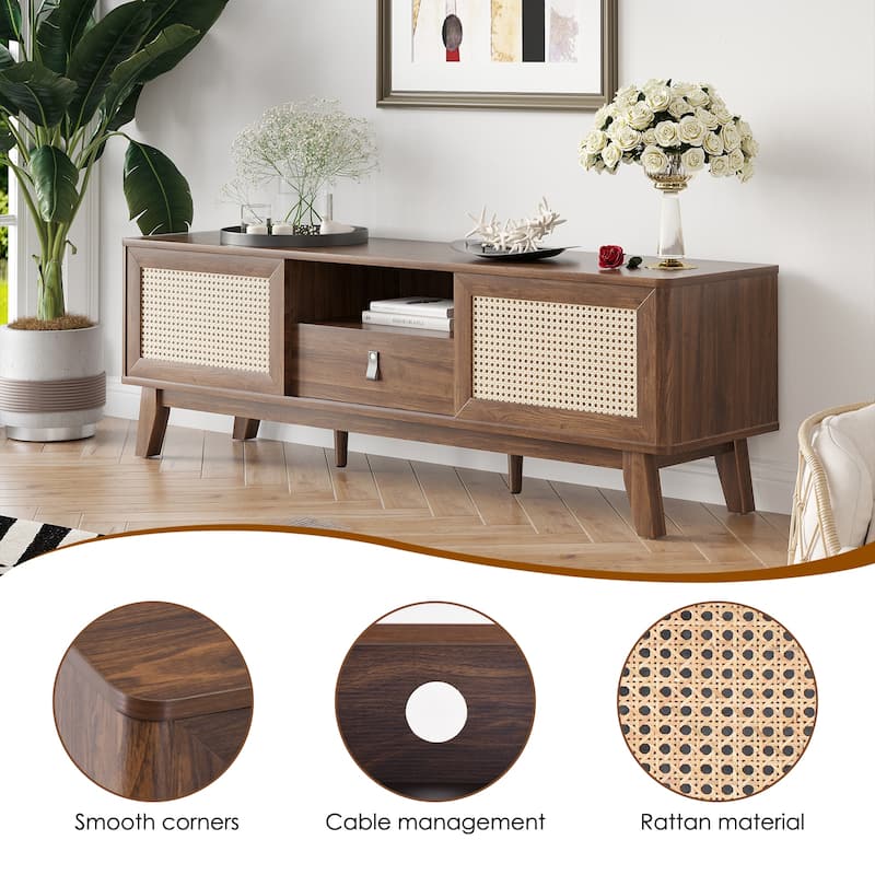 Rattan TV Stand TV Media Console with Drawer and Cabinets