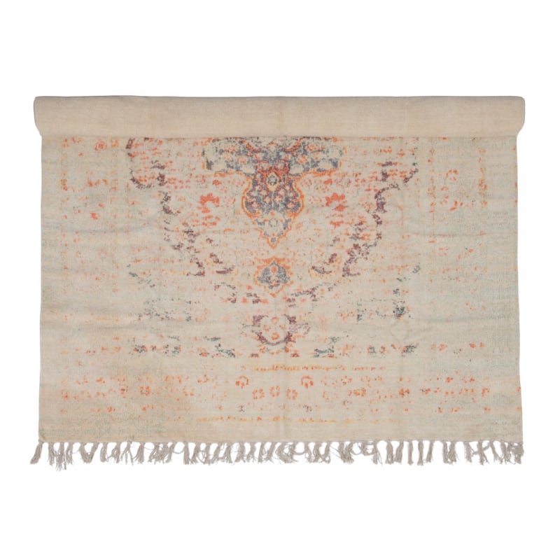 Cotton Chenille Distressed Print Rug with Fringe