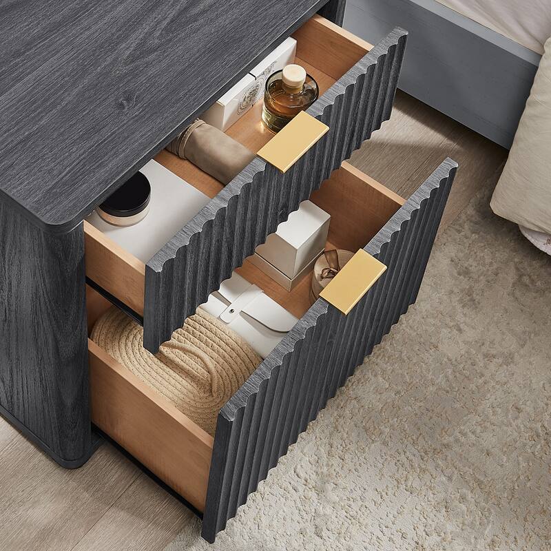 Modern Fluted Nightstand with Charging Station, 2 Drawer Bedside Table