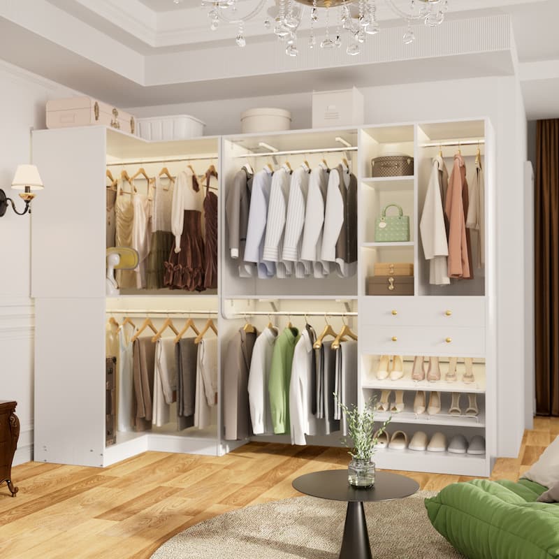 Rackcog Freestanding Corner Closet System Set, Closet Organizer with Hanging Rods and Drawers
