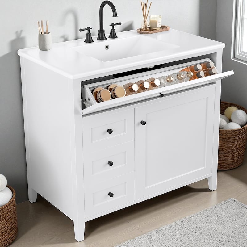 36-Inch Bathroom Vanity with Sink, MDF and Solid Wood Cabinet, 3 Drawers and Adjustable Shelf, Freestanding Design