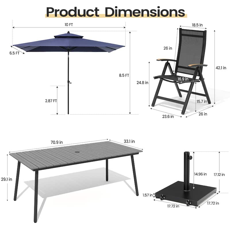 9PC Outdoor Patio Dining Set WoodLike Aluminum Umbrella Hole Table with Folding Chairs,Double Top Market Umbrella and Wheel Base