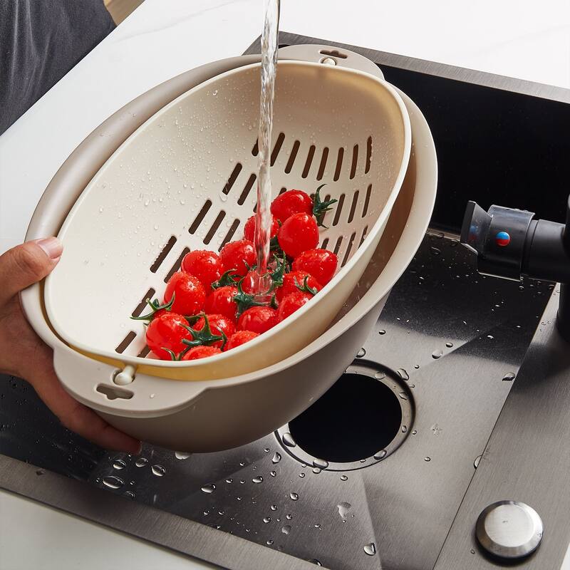Javlergo Oval Kitchen Colander Set with Bowl Strainer, 2 in 1 BPA Free Plastic Fruit Vegetable Washing Food Strainers - Grey