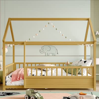 Floor Wooden Bed with House Roof Frame and Fence Guardrails