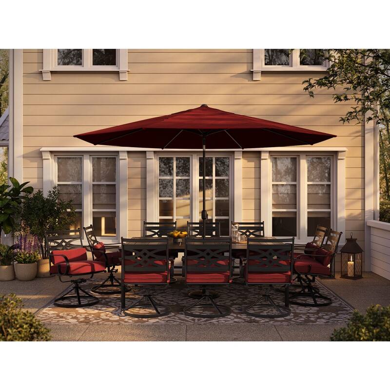 Hanover Montclair 11-Piece Dining Set in Chili Red with 10 Swivel Rockers and a 60-In. x 84-In. Table