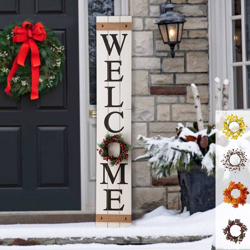 Glitzhome 60"H Wooden Welcome Porch Sign with 4 Floral Wreaths for New Year Decoration