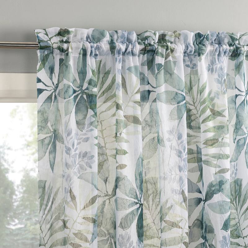 No. 918 Fiona Foliage Print Crushed Voile Sheer Rod Pocket 1-Piece Curtain Panel, Single Panel - 51" x 63" - White