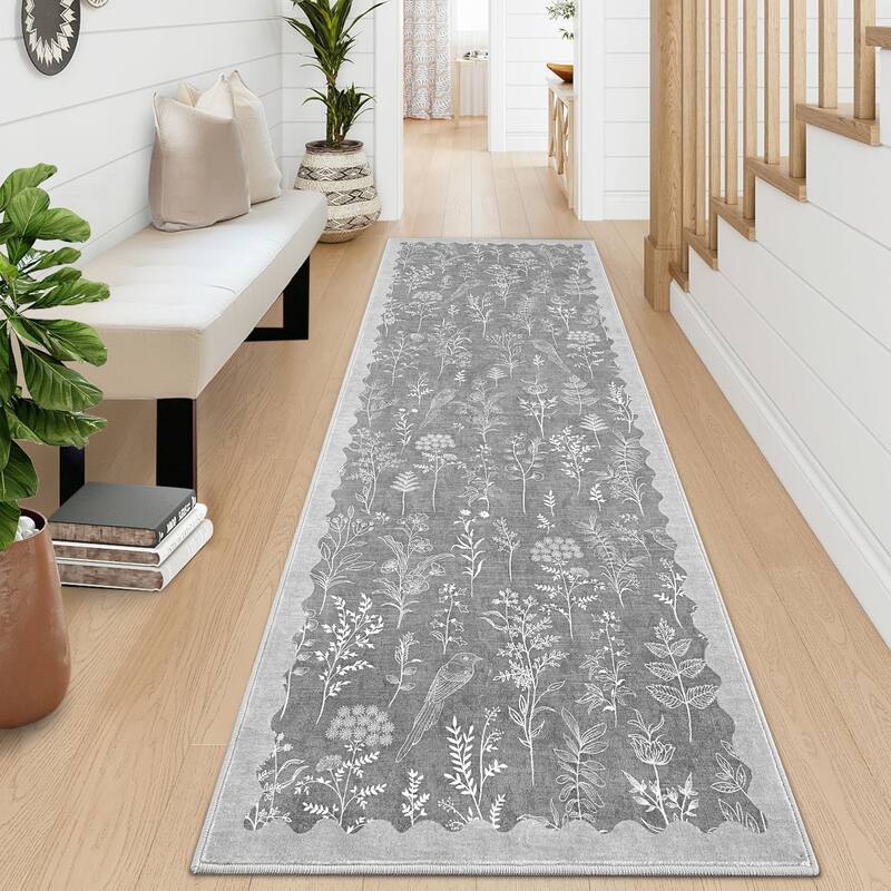 Botanical Washable Area Rug Modern Bird Pattern Rug Soft Non-Slip Low Pile Rugs for Living Room Bedroom - 2'x6' - Light Gray