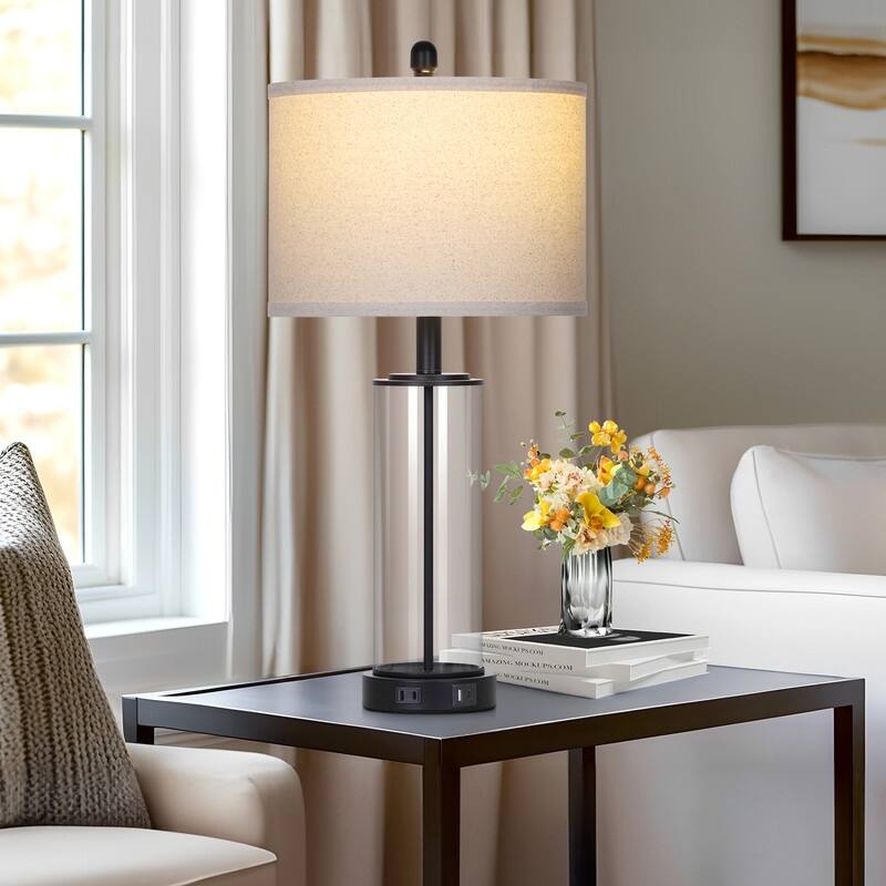 26'' Black Modern Cylinder Table Lamp with USB-C Fast Charging, Dimmable LED, 3-Way Touch(Set of 2) - 12.5'' x 12.5'' x 26''