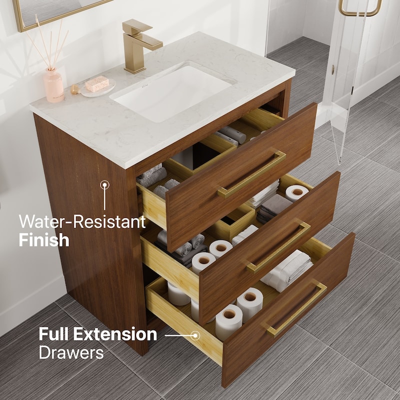Eviva Curio Bath Vanity with WH Carrara Quartz Top and Undermount Sink