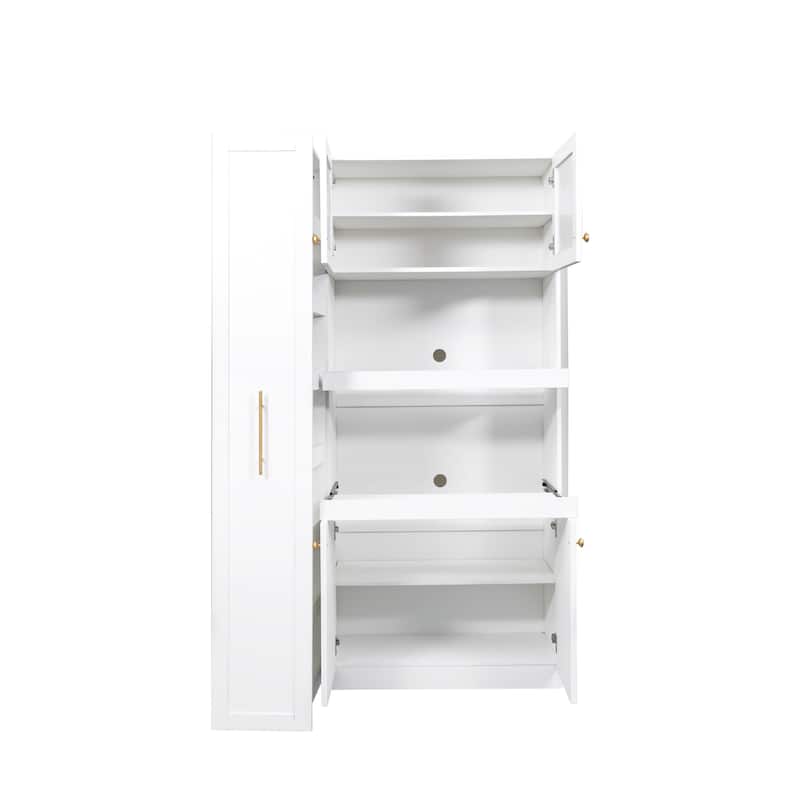 Farmhouse-Style 4-Door Pantry Cabinet – Multi-Tier Pull-Out Shelves & Built-In Organizers for Kitchen or Dining Room Storage.