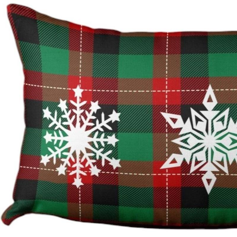 HomeRoots 12" X 20" Green Red And Black Christmas Snowflakes Trio Plaid Throw Pillow Cover