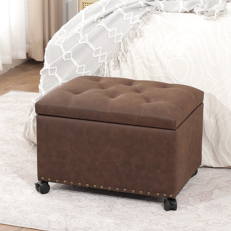 Adeco High End Classy Tufted Storage Ottoman Bench Footstool - Chestnut Brown-Faux Leather -With Casters