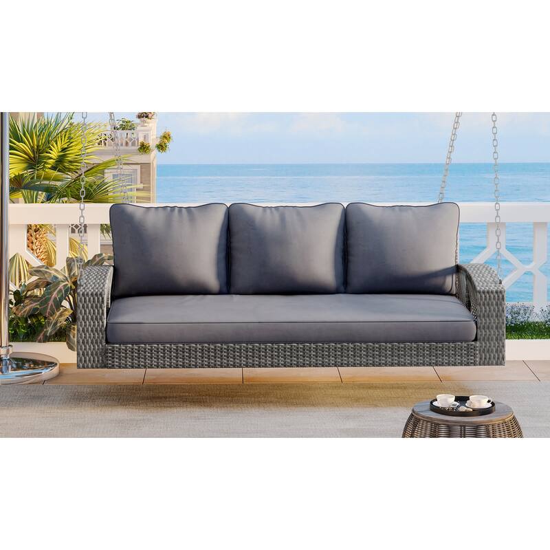 69" PE Wicker 3-Person Porch Swing - Large Outdoor Swing Bench with Cushions & Chains for Garden, Poolside & Patio