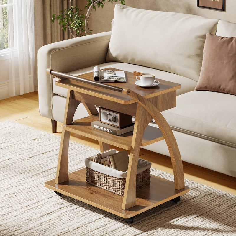 3-Tier Rolling Side Table, Adjustable Tabletop End Table with 1 Drawer, TV Tray for Small Spaces, Living Room